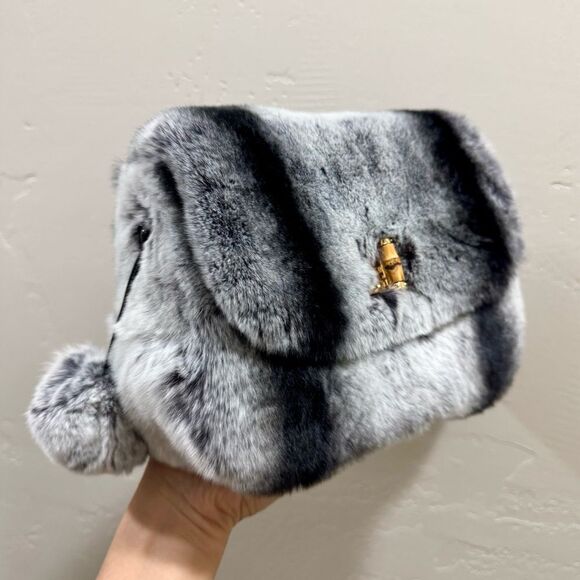 Gray Handmade Real Rex Rabbit Fur Handbag & 2 Fur Balls Charm & 2 Strap Styles - Picture 4 of 15